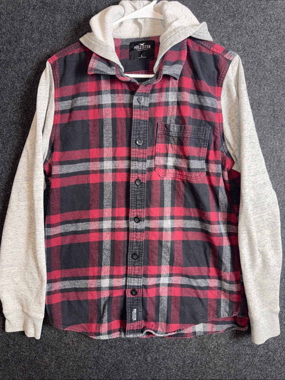 Hollister Red, Black & Gray Plaid Hooded Flannel Shirt - Picture 3 of 10